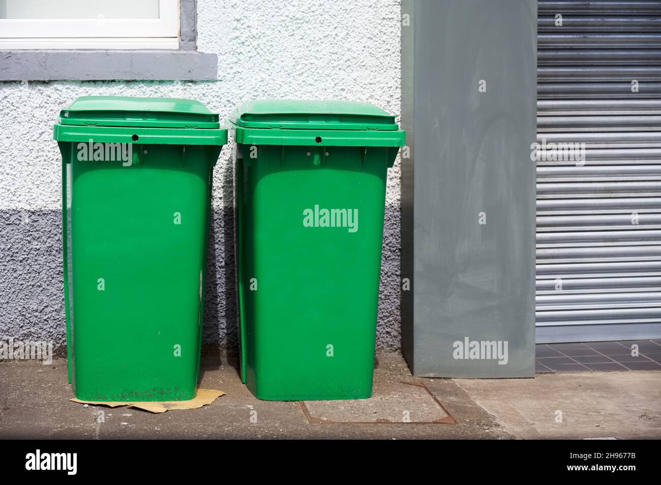 Green recycle wheelie bins in row for collection Stock Photo Alamy