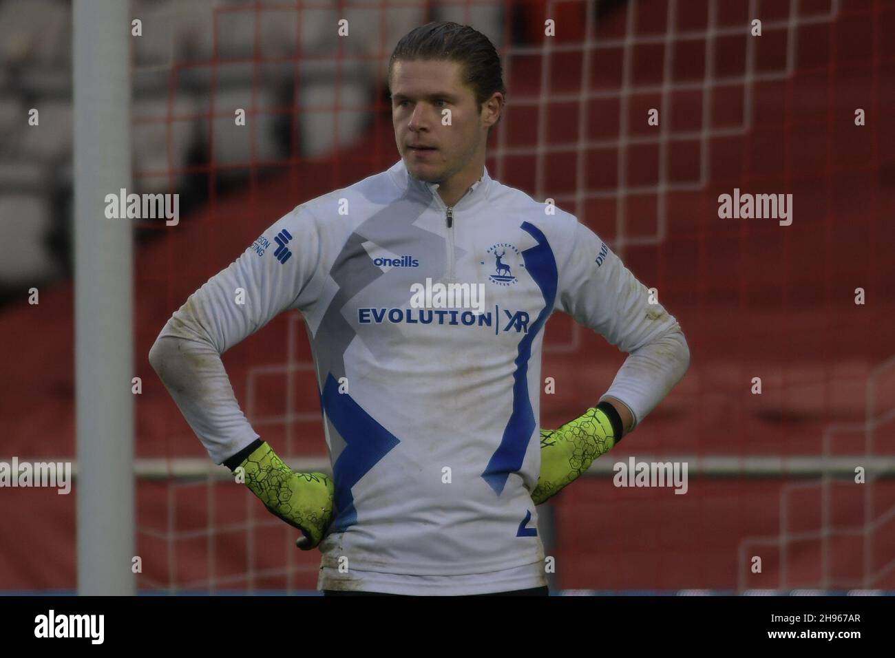 LINCOLN, GBR. DEC 4TH Hartlepool United's Ben Killip during the warm up before during the FA Cup match between Lincoln City and Hartlepool United at the Gelder Group Sincil Bank Stadium, Lincoln on Saturday 4th December 2021. (Credit: Scott Llewellyn | MI News) Credit: MI News & Sport /Alamy Live News Stock Photo