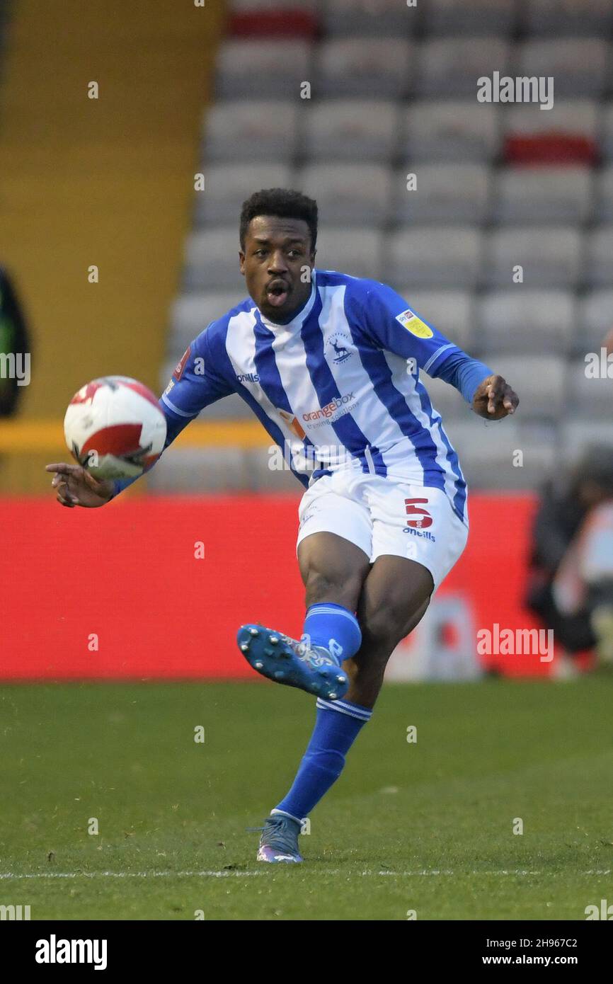 LINCOLN, GBR. DEC 4TH Hartlepool United's Timi Odusina during the FA Cup match between Lincoln City and Hartlepool United at the Gelder Group Sincil Bank Stadium, Lincoln on Saturday 4th December 2021. (Credit: Scott Llewellyn | MI News) Credit: MI News & Sport /Alamy Live News Stock Photo