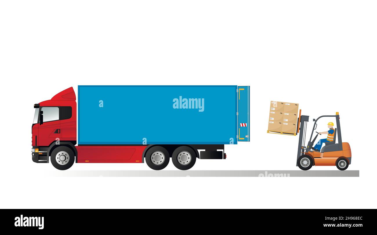 Forklift loading pallets with cardboard boxes, side view. Logistics and delivery of goods. Flat