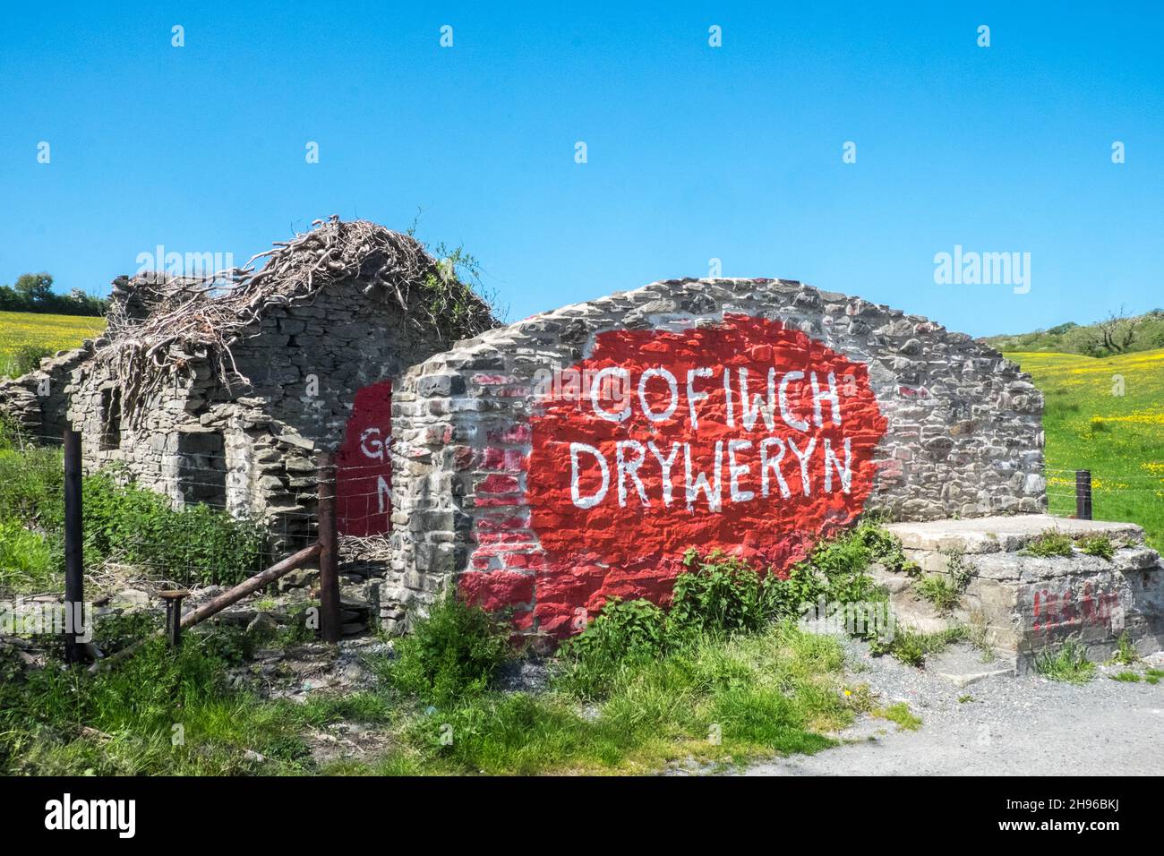 The Cofiwch Dryweryn mural,political,grafitti,on the A487 near Llanrhystud,south,Aberystwyth has been repeatedly vandalised.The protest image was painted in 1965 after the village of Capel Celyn near Bala in Gwynedd was flooded to create a reservoir to supply water to Liverpool.Cofiwch Dryweryn (English: 'Remember Tryweryn') or Y Wal Cofiwch Dryweryn is a graffitied grafitti,graffitti,graffiti,stone, wall, near, Llanrhystud, Ceredigion, Wales. Cofiwch Dryweryn,West,Mid,Wales,Welsh,Independence,Welsh Independence,nation,national,nationalism,nationalist,pride,passion,patriotism,Great Britain, Stock Photo