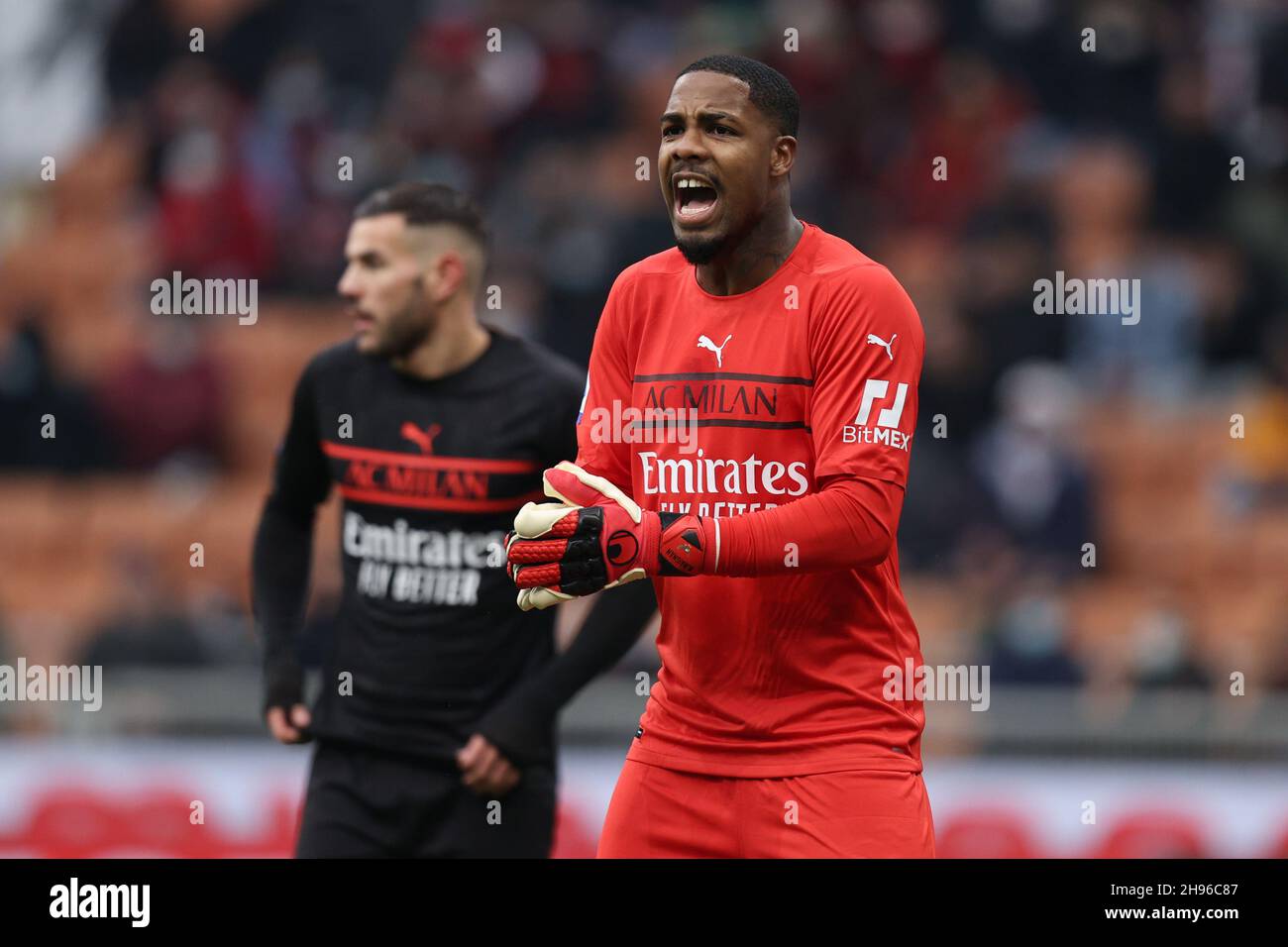 Milan, Italy. 04th Apr, 2022. Mike Maignan (AC Milan) gestures during AC  Milan vs Bologna FC