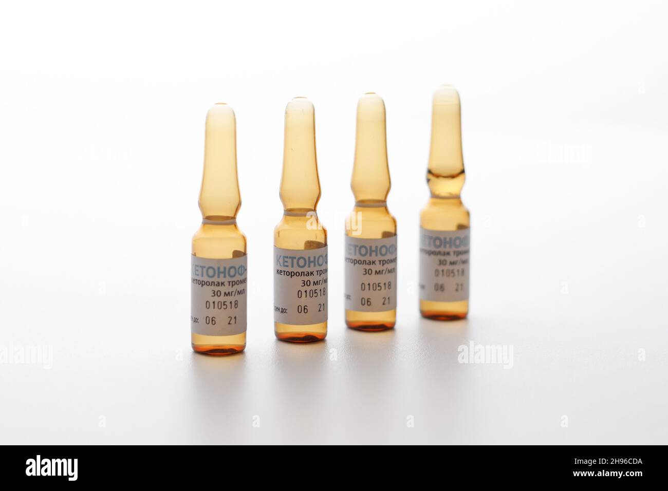 Minsk, Belarus-December 04, 2021: Ampoules ketanof, ketorolac non-steroidal anti-inflammatory drug on white background Stock Photo