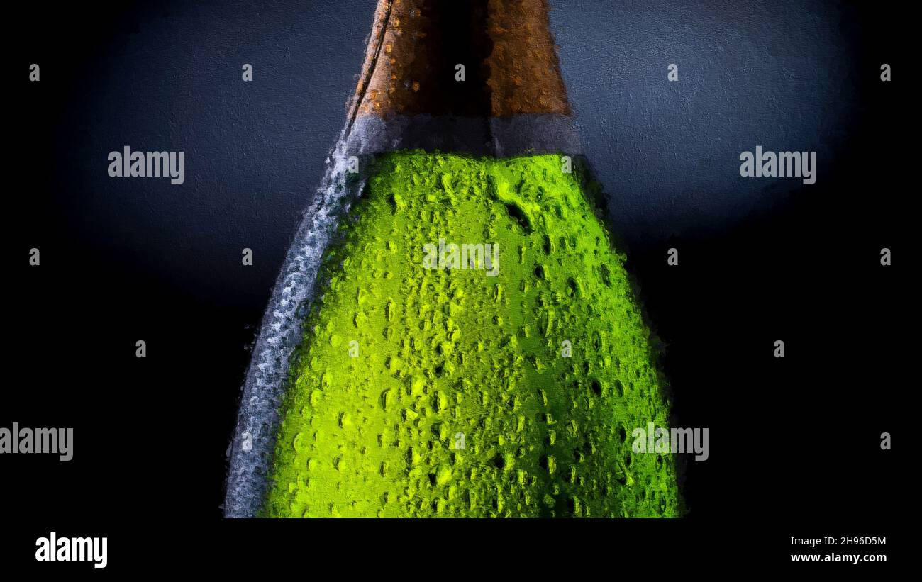 Green Champagne Bottle Water Drops Pastel Canvas Oil Painting Stock Photo