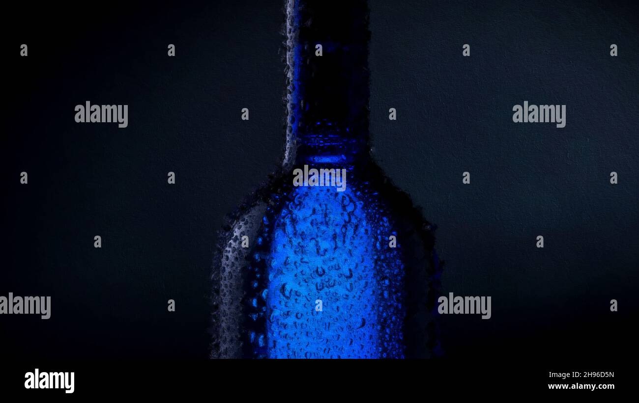 Blue Champagne Bottle Water Drops Pastel Canvas Oil Painting Stock Photo