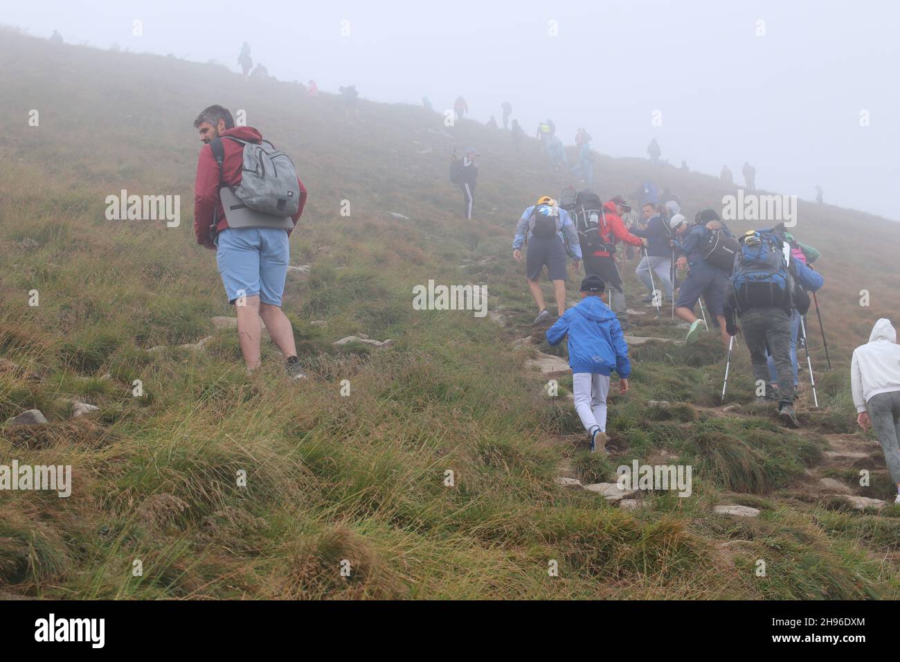 Peak Hoverla/Ukraine -  Tourists with children climb to the top of the mountain in heavy fog. The top of the mountain is covered with clouds Stock Photo