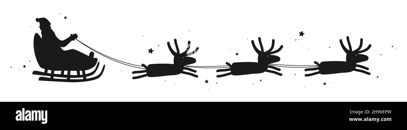 Santa Claus rides in a sleigh in harness on the reindeer. Flying deer herd vector illustration isolated on white Stock Vector