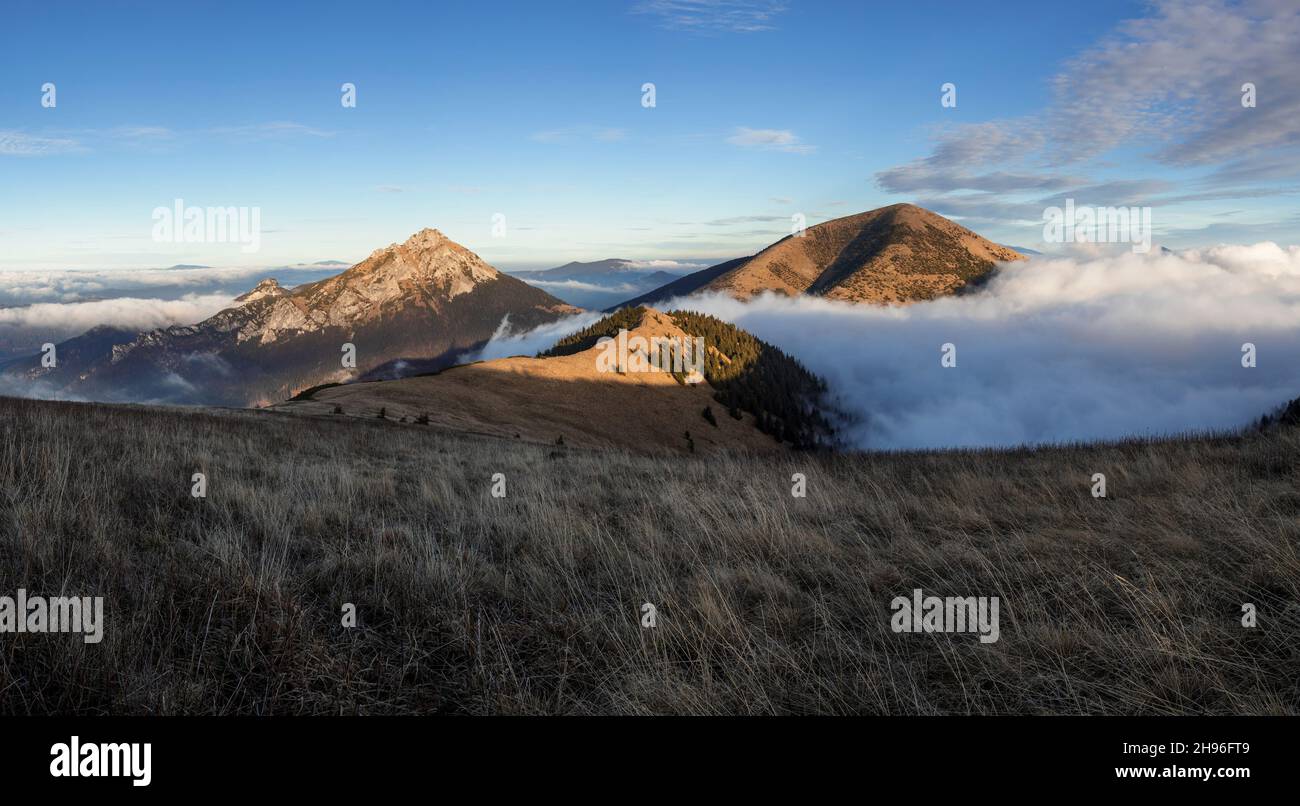 Mala Fatra, Lesser Fatra, Slovakia, Europe. Velky Rozsutec and Stoh, mountain and peak lit by evening light at golden hour. Landscape and nature in au Stock Photo