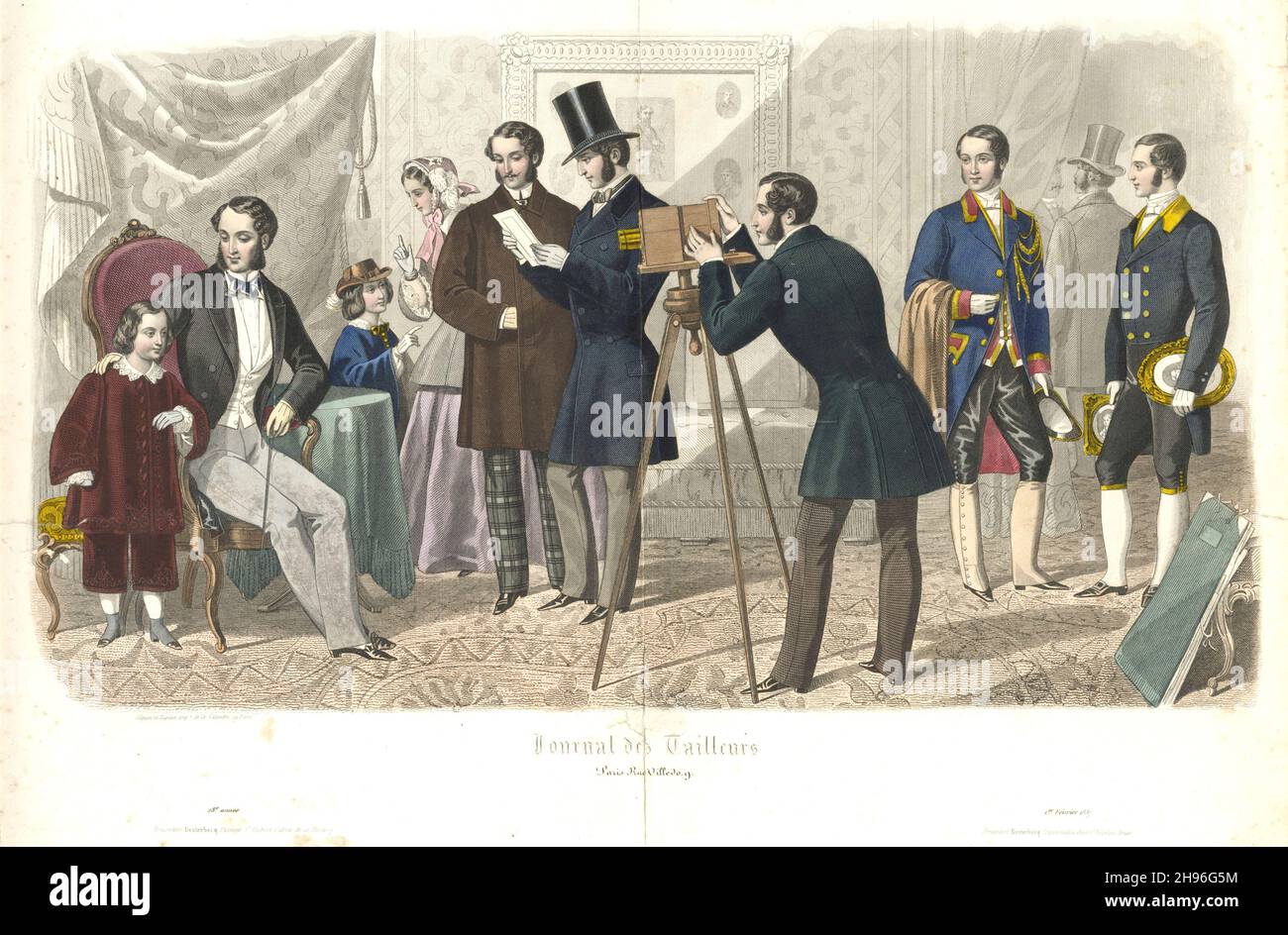 Fashion plate from French publication 'Journal des Tailleurs,' 1857. Stock Photo