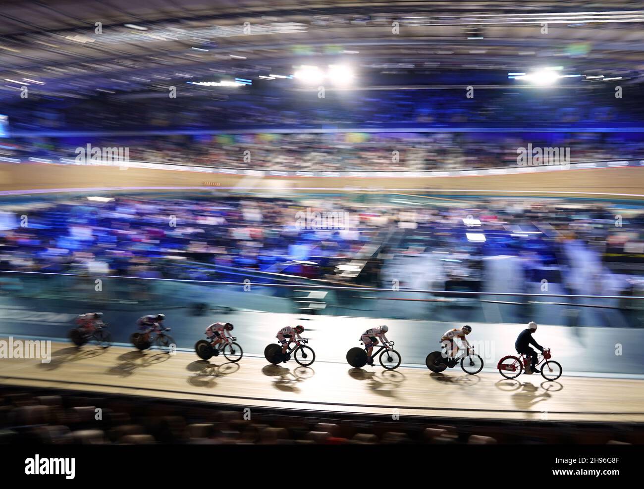 Riders in the Women's Keirin during round four of the 2021 UCI Track Champions League at the Lee Valley VeloPark, London. Picture date: Saturday December 4, 2021. Stock Photo