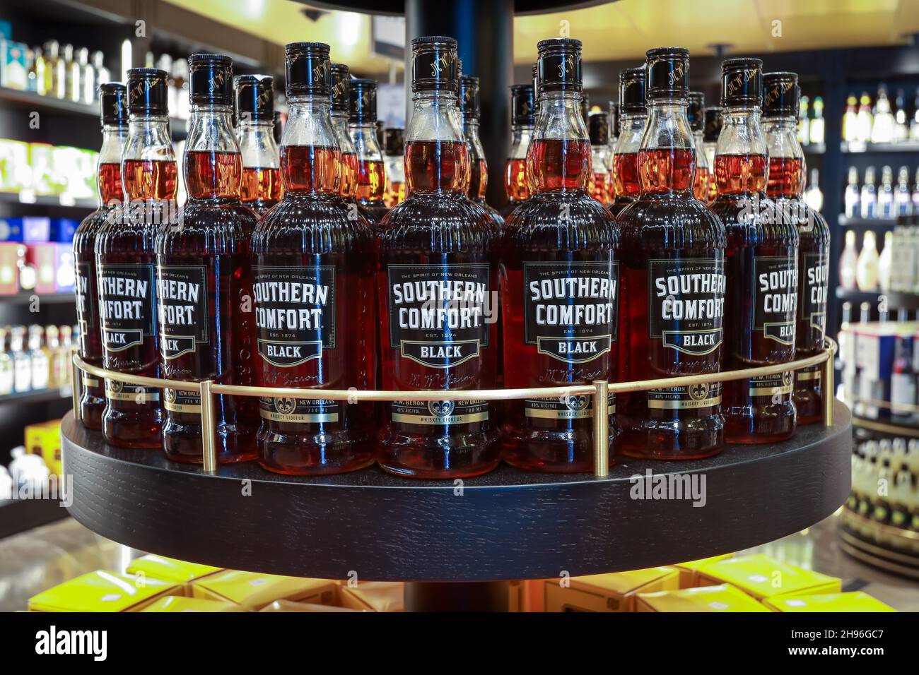 Tel-Aviv, Israel july 20, 2021: Several bottles of Southern Comfort whiskey on display at a local grocery store. Stock Photo