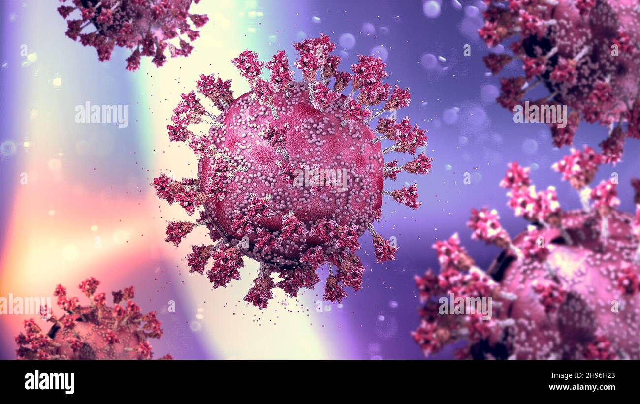 Virus variant, coronavirus, spike protein. Omicron. Covid-19 seen under the microscope. SARS-CoV-2, 3d rendering Stock Photo