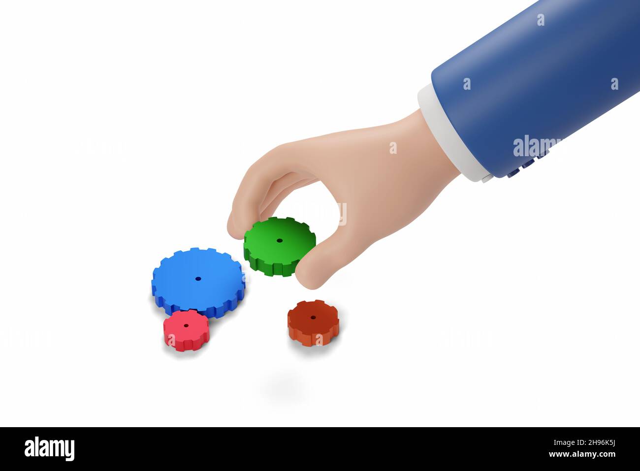 Cartoon hand putting a gear in its place. Coaching concept. 3d illustration. Stock Photo