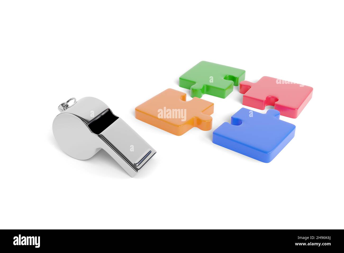 Whistle next to puzzle isolated on white background. Coaching concept. 3d illustration. Stock Photo