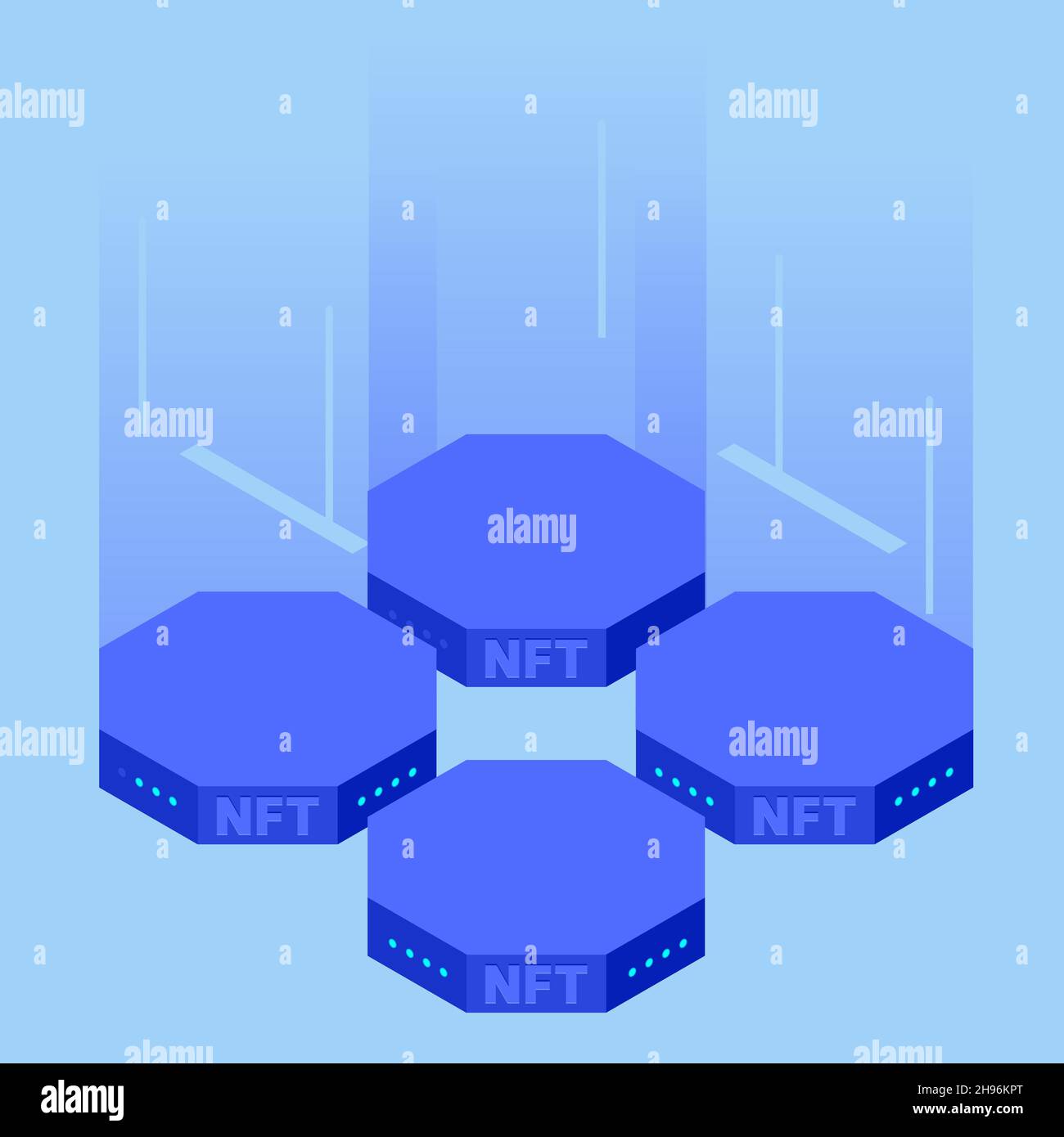 Isometric NFT Non-fungible token is a unique and non-interchangeable unit of data stored on a digital ledger blockchain. Digital art NFTs, generative Stock Vector