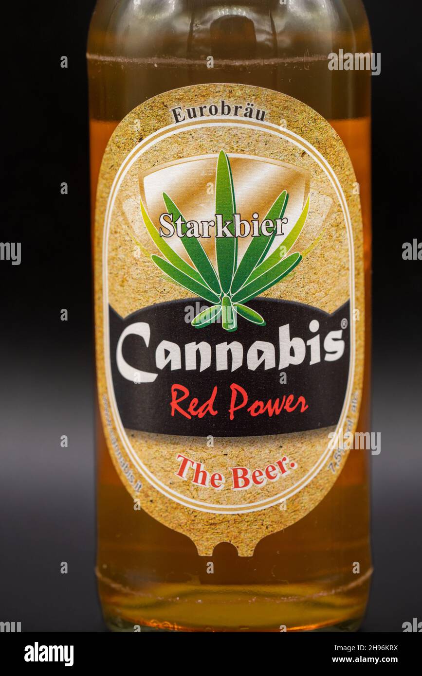 Lloret de Mar, Spain - 12.04.2021: Cannabis red power beer bottle on dark background Stock Photo
