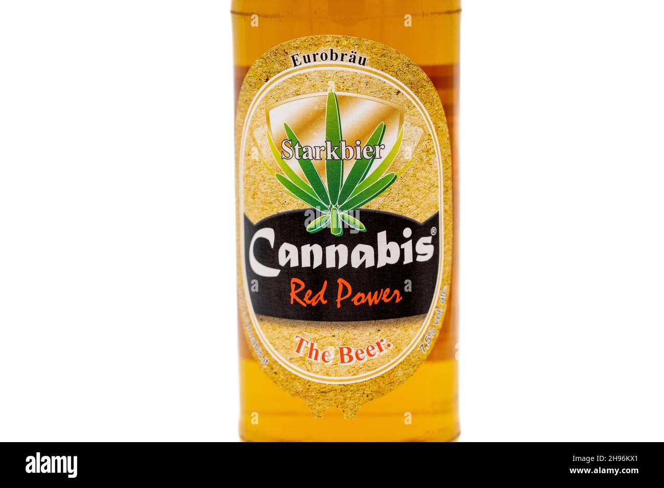 Lloret de Mar, Spain - 12.04.2021: Cannabis red power beer bottle on light background Stock Photo