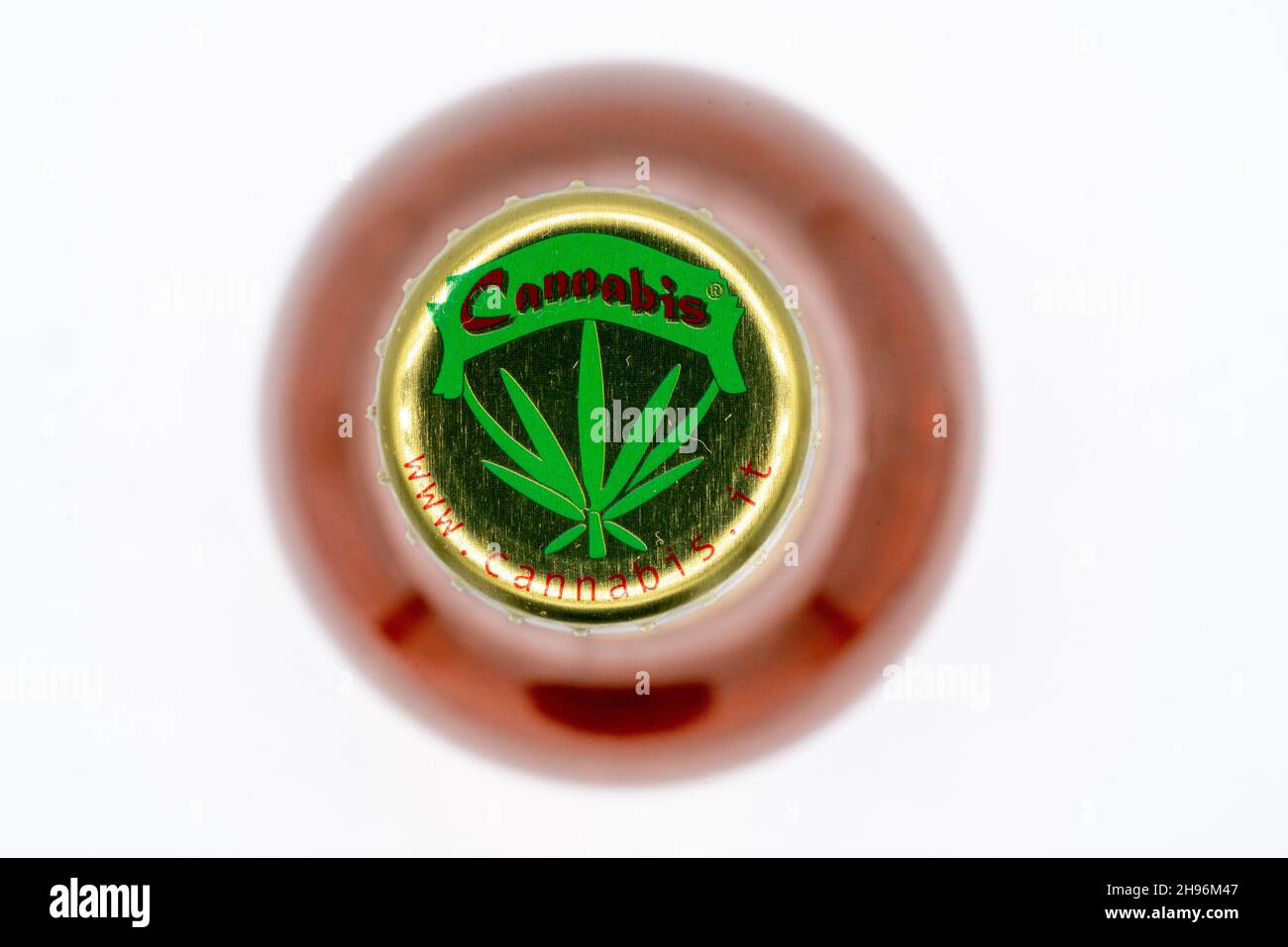 Lloret de Mar, Spain - 12.04.2021: Cannabis red power beer bottle on light background, top view Stock Photo