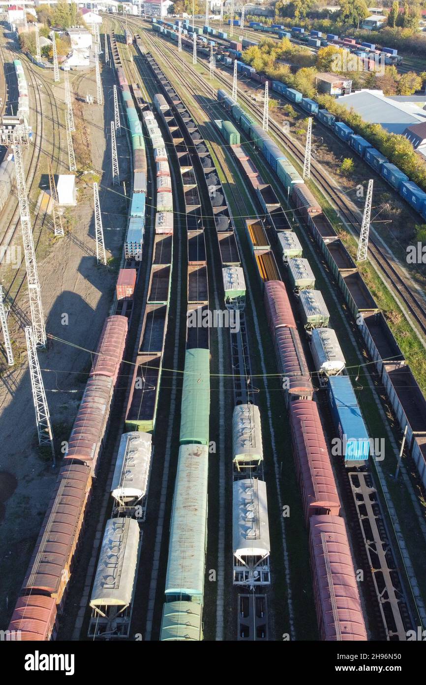 Freight train cars on railway siding Stock Photo