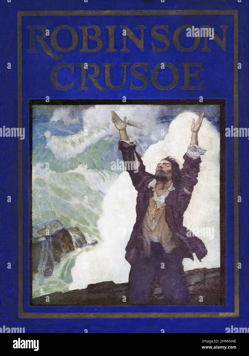 Robinson Crusoe is a novel written by the English novelist Daniel Defoe and published in 1719. A fictional autobiography,  it tells the tale of an English castaway named  Robinson Crusoe (seen here) who spent 28 years on a remote tropical island near Venezuela before he was rescued.  Newell Convers Wyeth, known as N. C. Wyeth, was an American artist and illustrator. He was the pupil of artist Howard Pyle and became one of America's greatest illustrators. Stock Photo