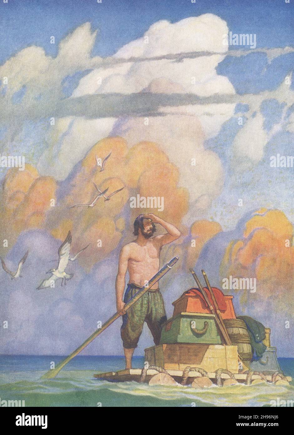The caption for this 1945 image to accompany Daniel DeFoe's Robinson Crusoe reads: 'For a mile or thereabouts my raft went very well. 'The illustration is by N C Wyeth Robinson Crusoe is a novel written by the English novelist Daniel Defoe and published in 1719. A fictional autobiography,  it tells the tale of an English castaway named  Robinson Crusoe who spent 28 years on a remote tropical island near Venezuela before he was rescued. Robinson Crusoe is a novel written by the English novelist Daniel Defoe and published in 1719. A fictional autobiography,  it tells the tale of an English casta Stock Photo