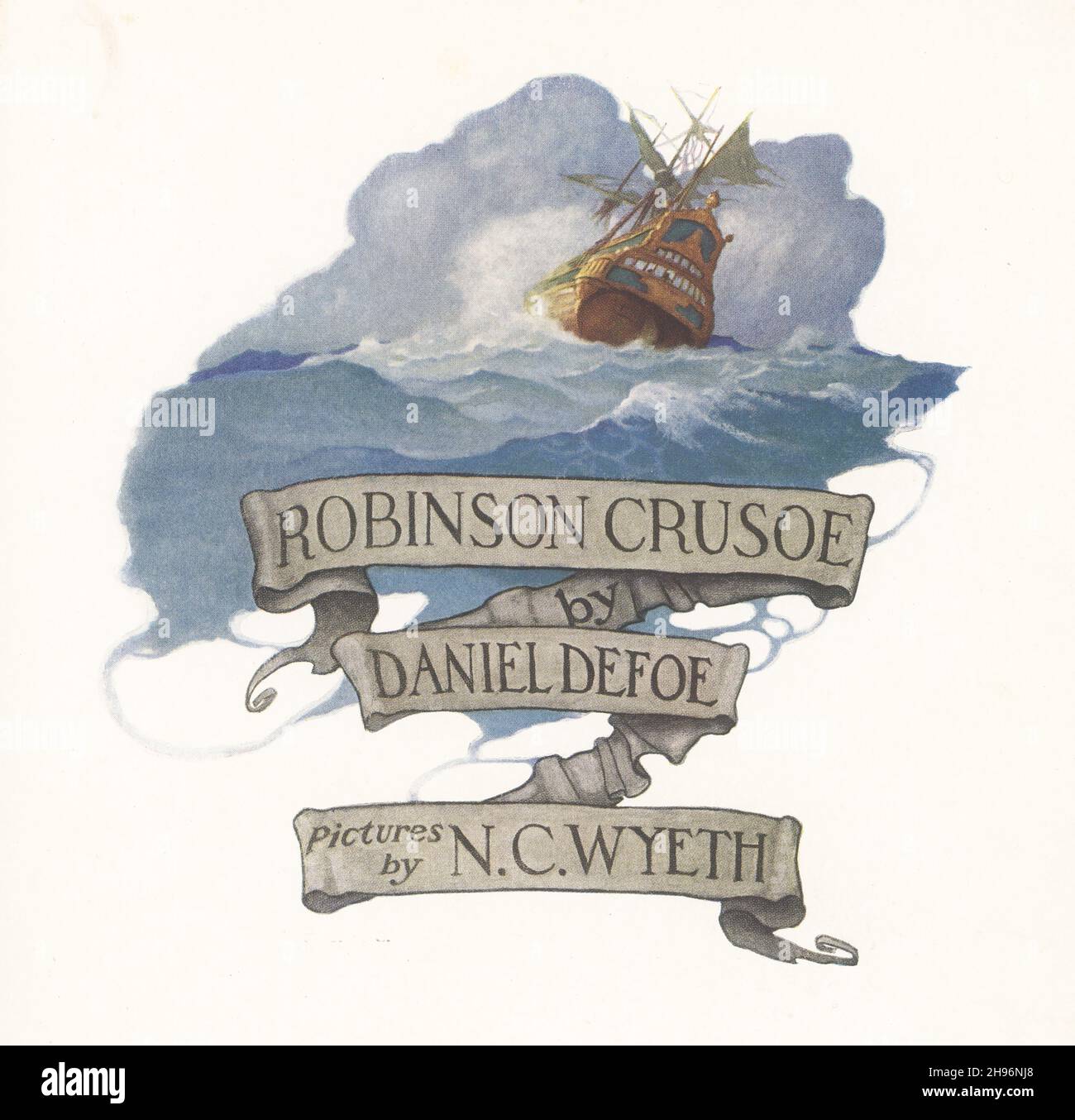 Robinson Crusoe is a novel written by the English novelist Daniel Defoe and published in 1719. A fictional autobiography,  it tells the tale of an English castaway named  Robinson Crusoe (the ship that wrecked is seen here) who spent 28 years on a remote tropical island near Venezuela before he was rescued.  Newell Convers Wyeth, known as N. C. Wyeth, was an American artist and illustrator. He was the pupil of artist Howard Pyle and became one of America's greatest illustrators. Stock Photo