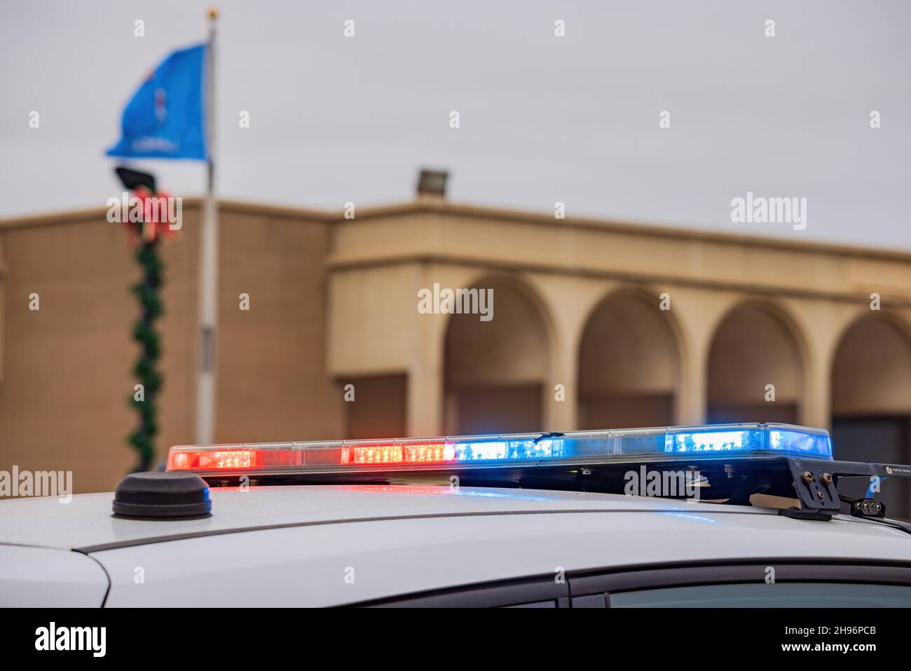 Close up shot of red and blue police car light at Oklahoma Stock Photo