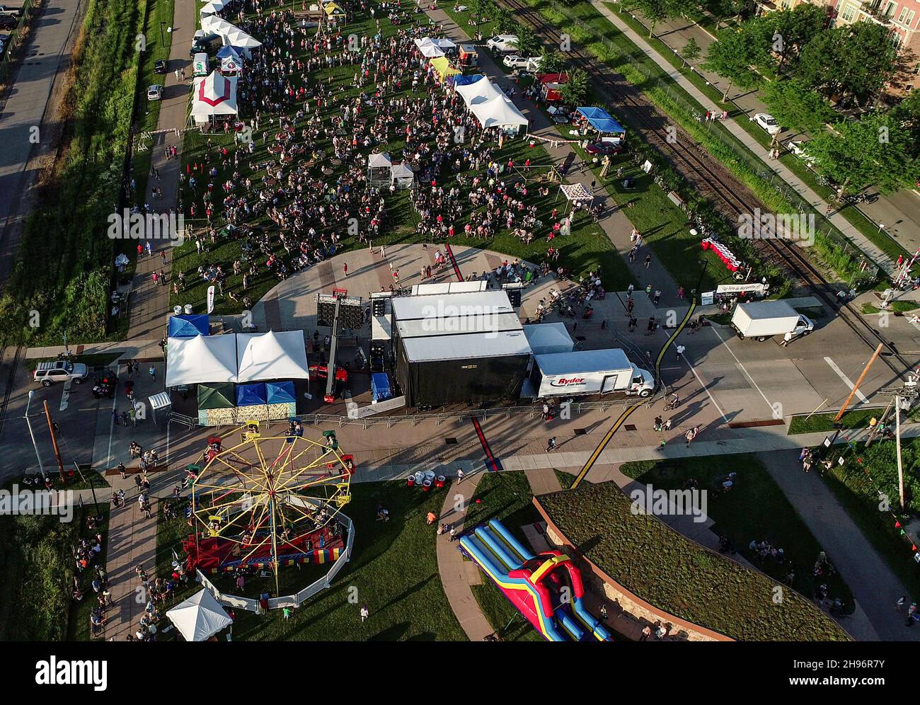 Aerial view of crowds attending the La Fete de Marquette summer musical