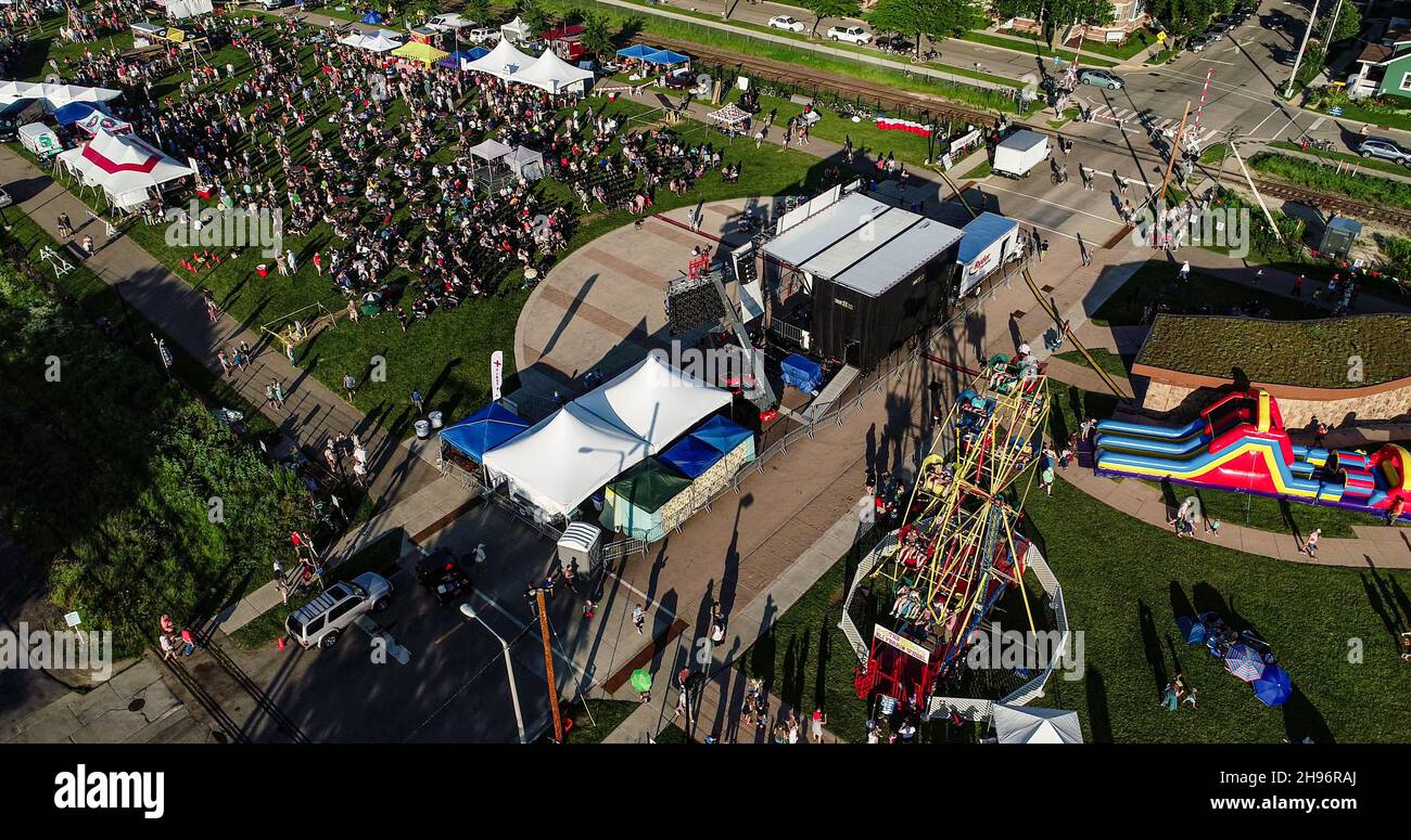 Aerial view of crowds attending the La Fete de Marquette summer musical