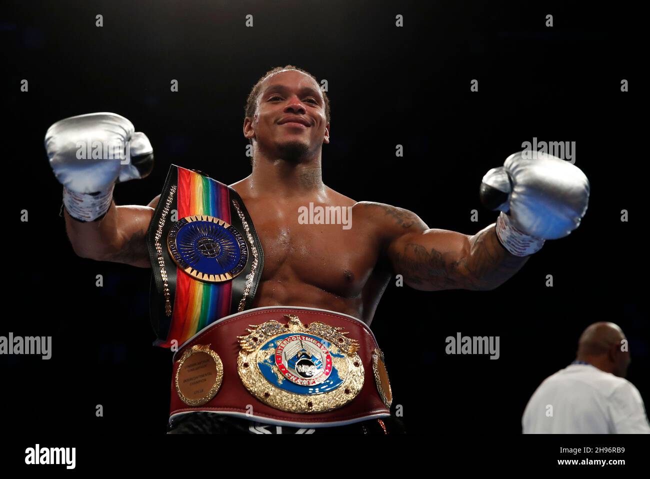 Boxing - Lyndon Arthur v Anthony Yarde - WBO & Commonwealth International  Light-Heavyweight Title - Copper Box Arena, London, Britain - December 4,  2021 Anthony Yarde celebrates with the belt after his