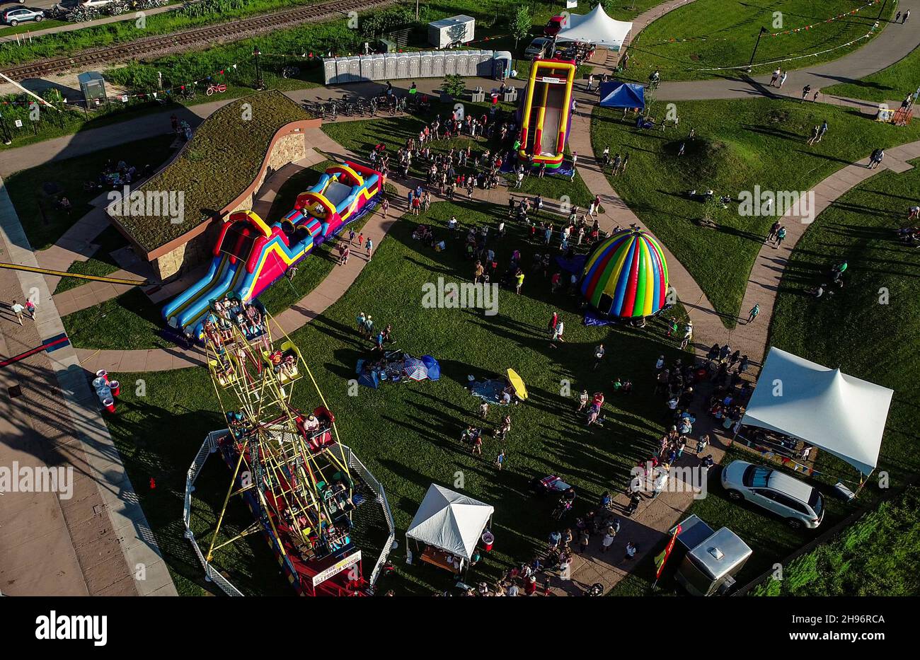 Aerial view of crowds attending the La Fete de Marquette summer musical