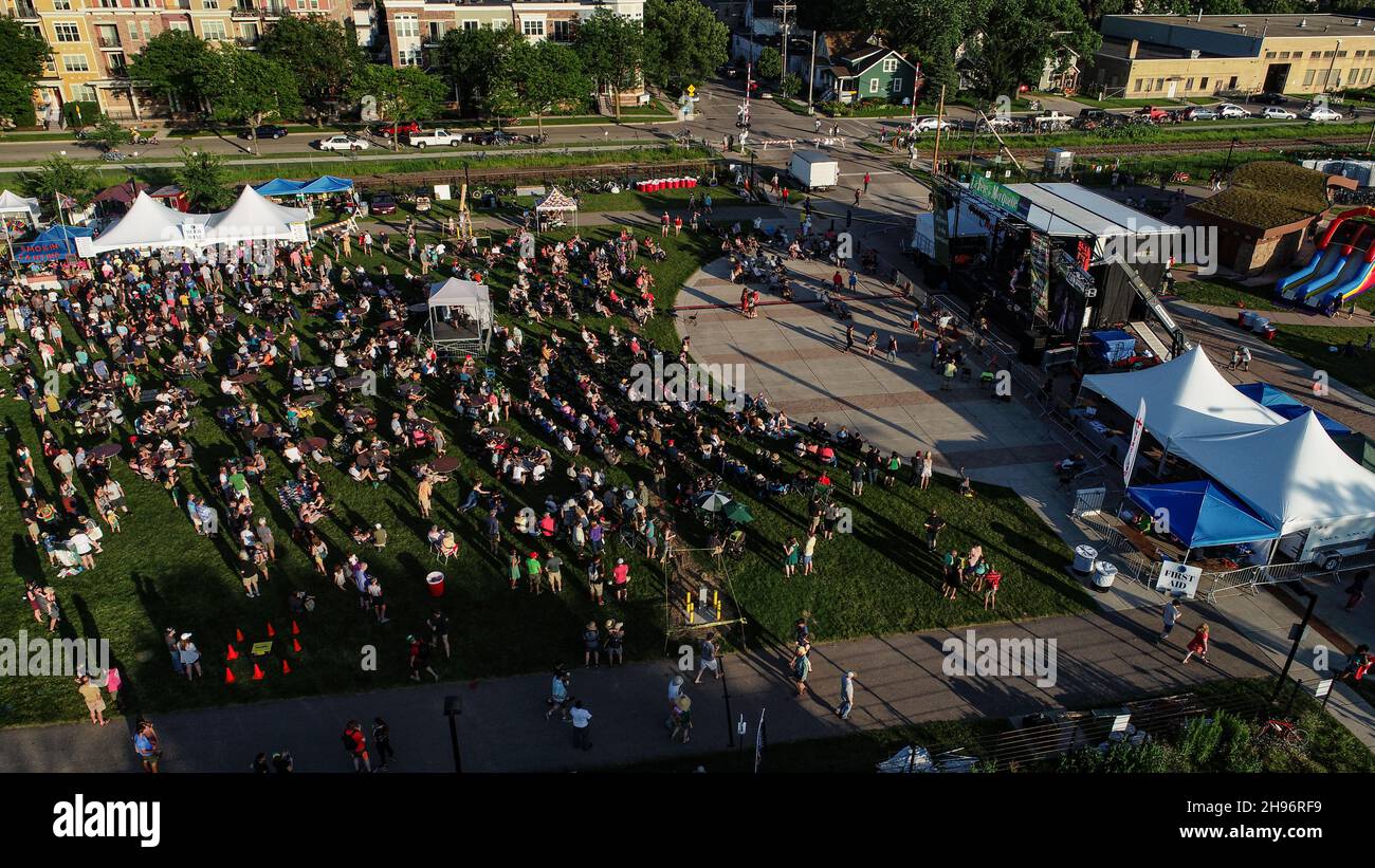 Aerial view of crowds attending the La Fete de Marquette summer musical