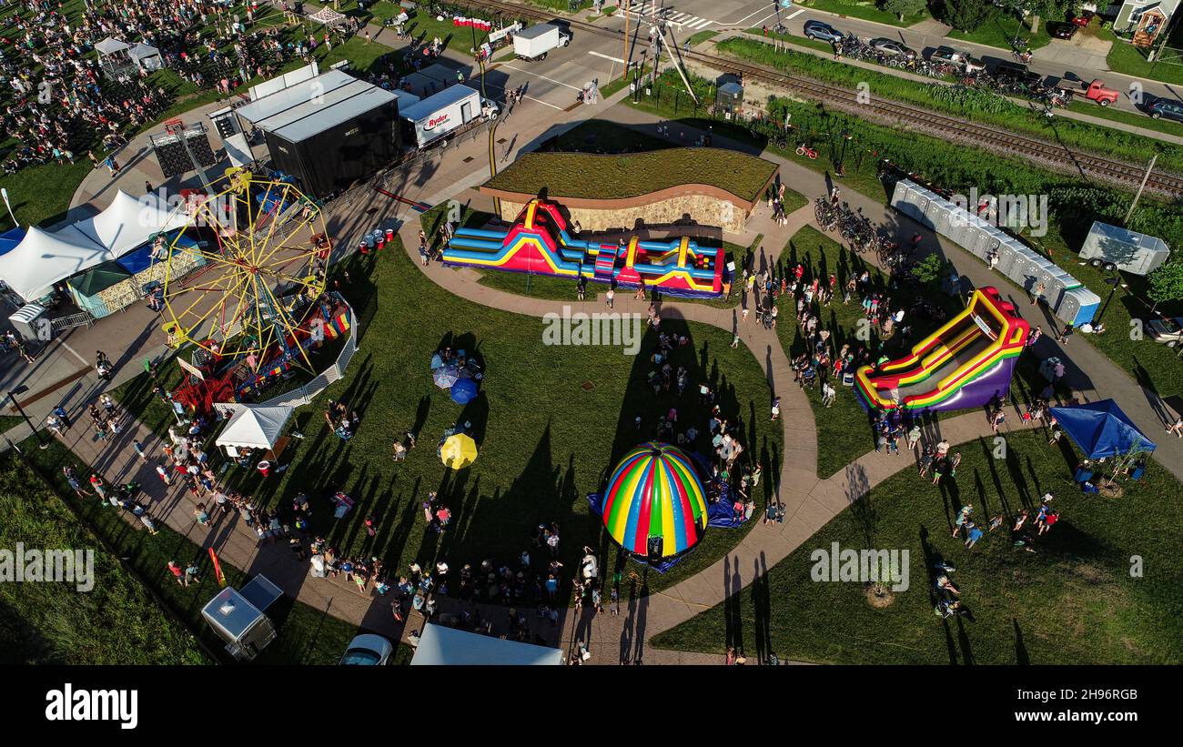 Aerial view of crowds attending the La Fete de Marquette summer musical