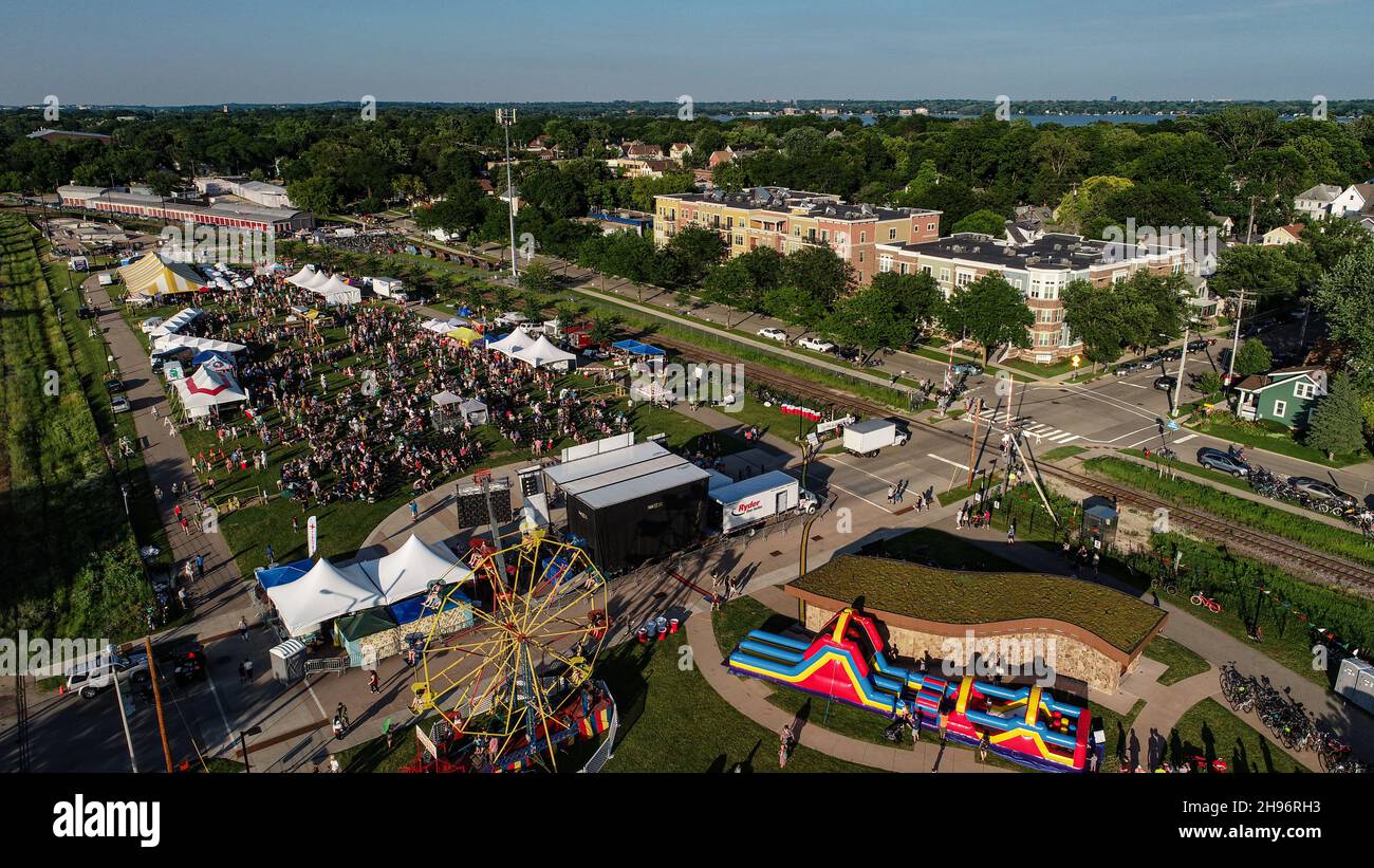 Aerial view of crowds attending the La Fete de Marquette summer musical