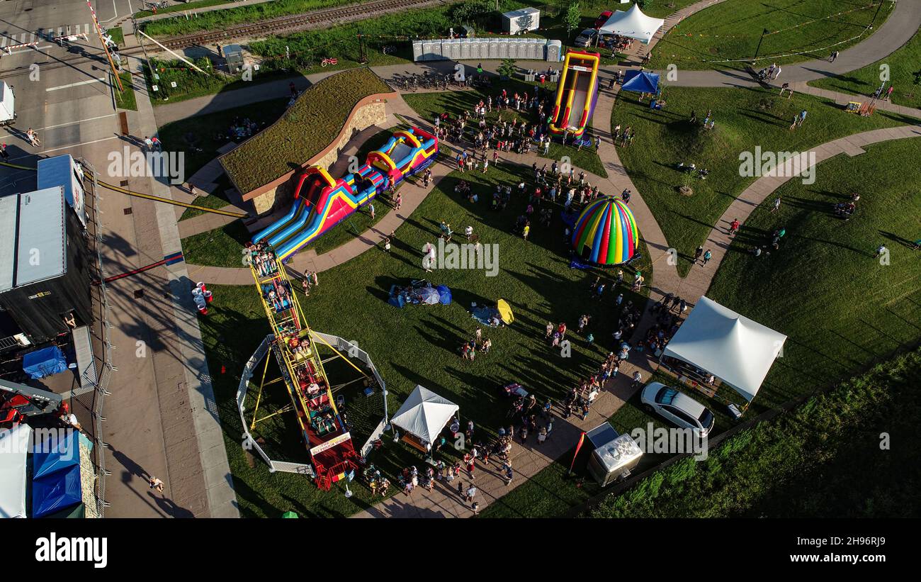 Aerial view of crowds attending the La Fete de Marquette summer musical