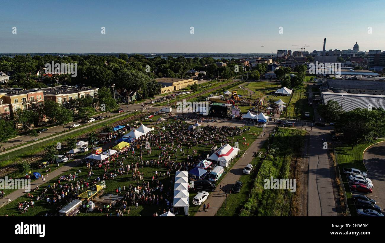 Aerial view of crowds attending the La Fete de Marquette summer musical