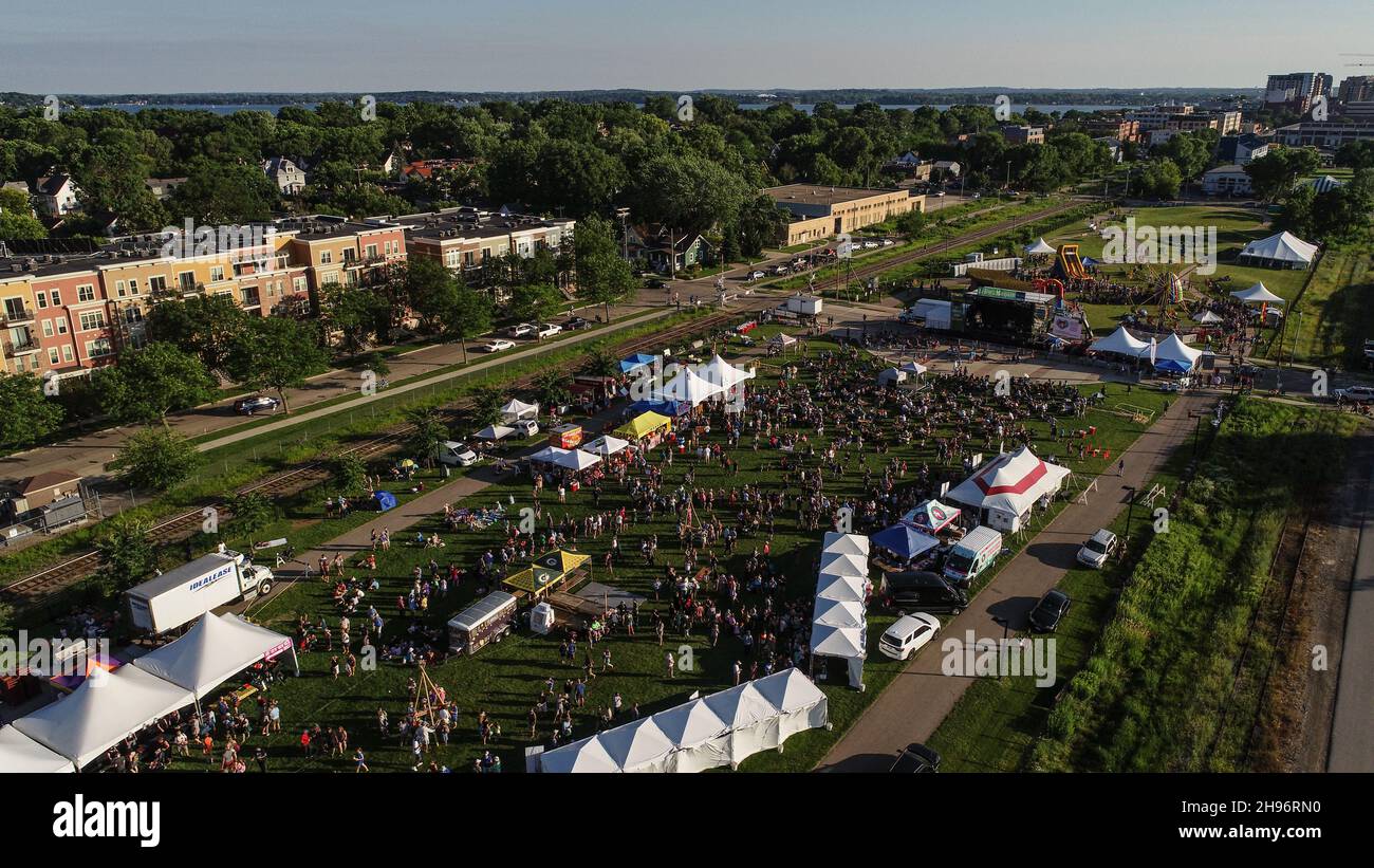 Aerial view of crowds attending the La Fete de Marquette summer musical