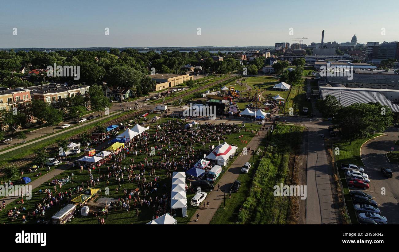 Aerial view of crowds attending the La Fete de Marquette summer musical
