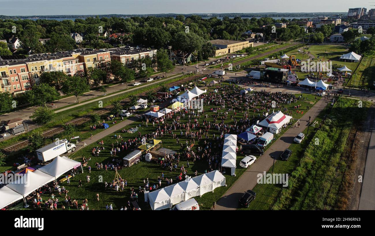 Aerial view of crowds attending the La Fete de Marquette summer musical