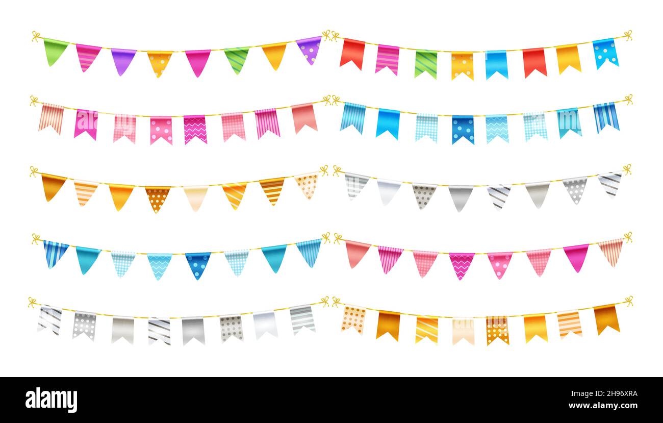 Pennants birthday banner vector set. Birth day pennant decoration with colors and patterns hanging flag object for festive occasion and event. Stock Vector