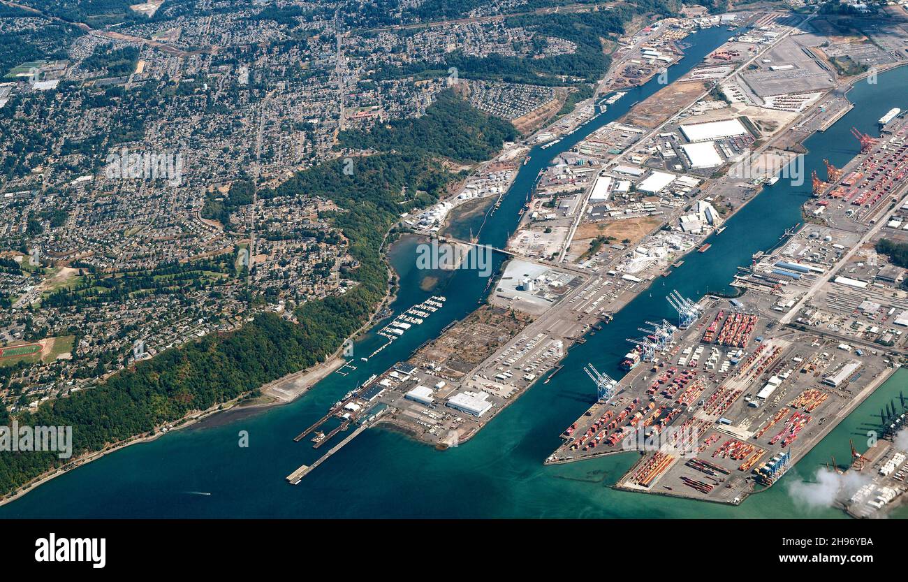 Editorial Image Port of Tacoma, Washington - USA: sept 5 2021 - Aerial view of the port of Tacoma in the Pacific Northwest Stock Photo