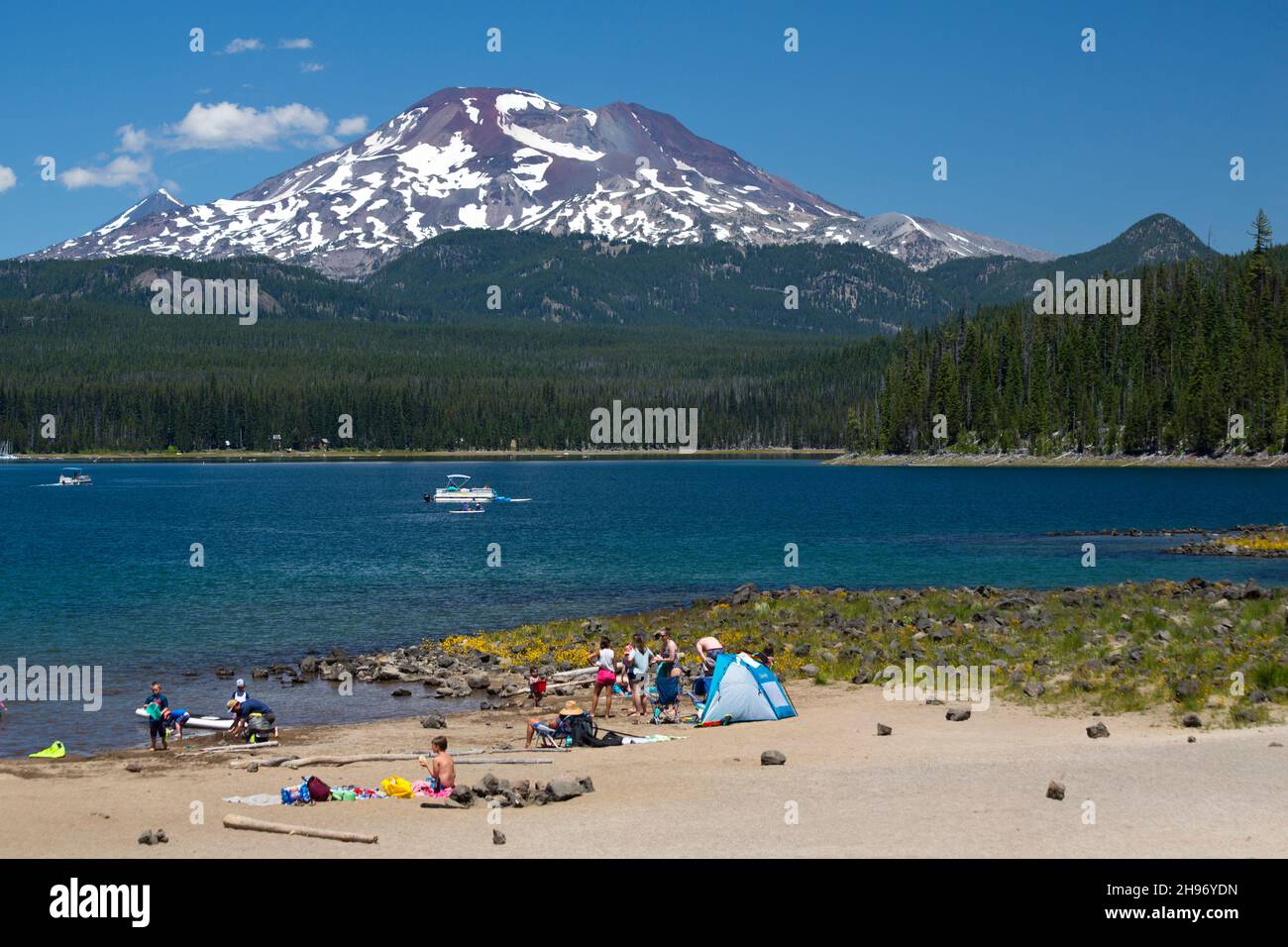 View of South Sister from Elk Lake Stock Photo
