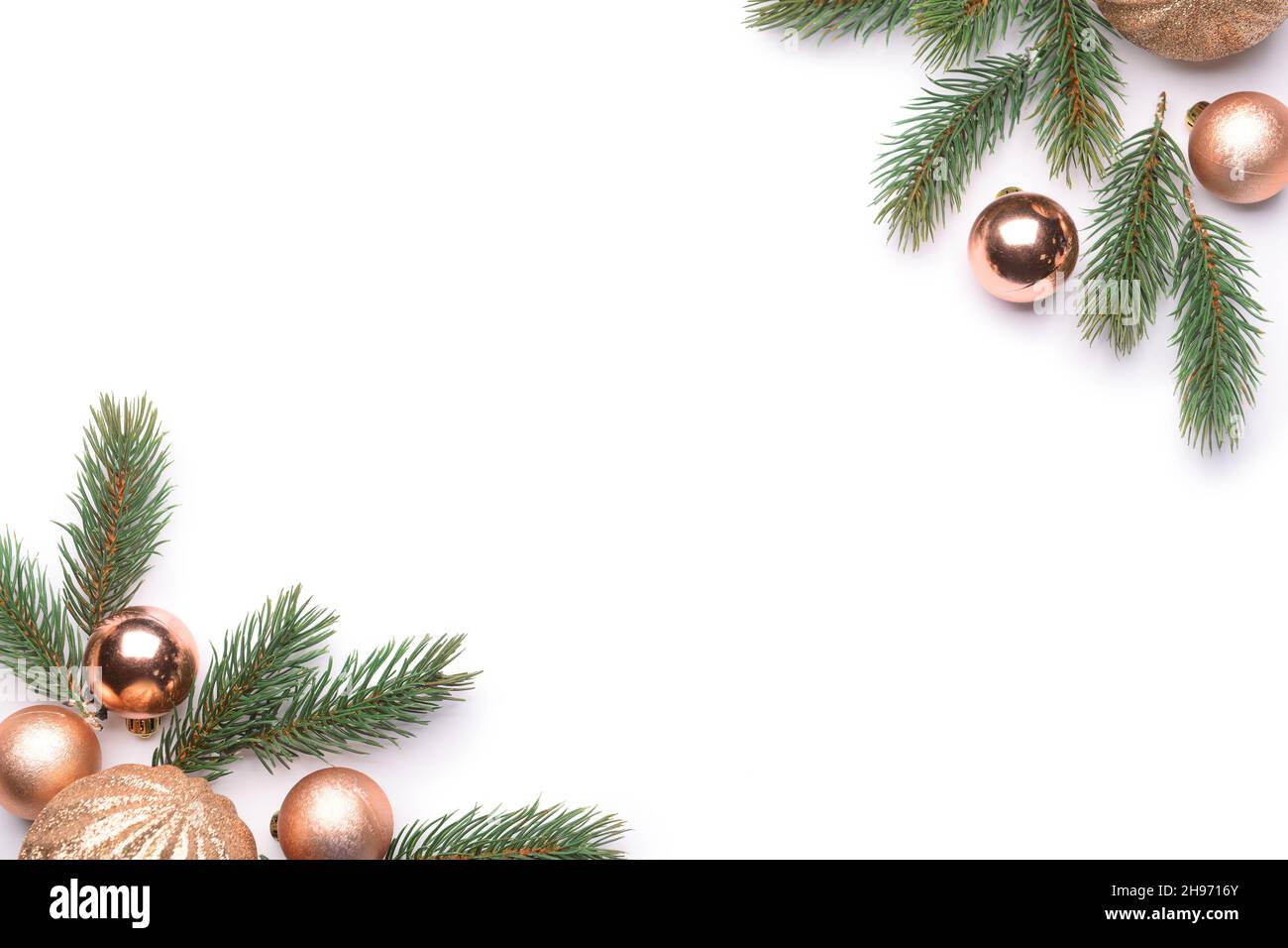 Christmas decor and fir branches on white background Stock Photo - Alamy
