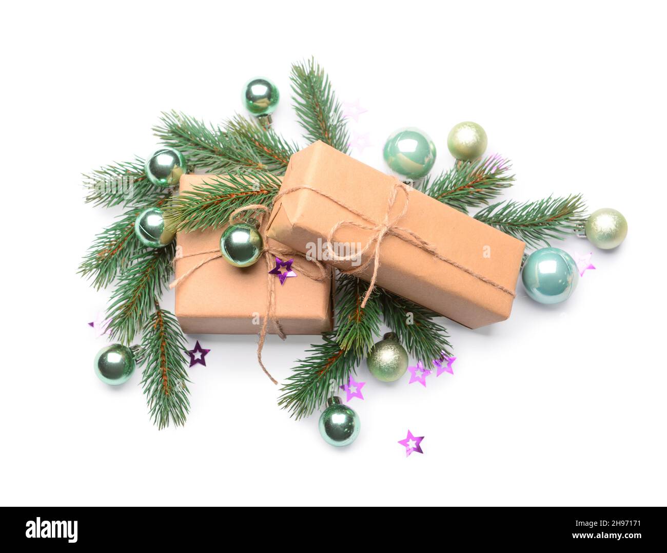 Christmas decor, fir branches and gift boxes on white background Stock ...
