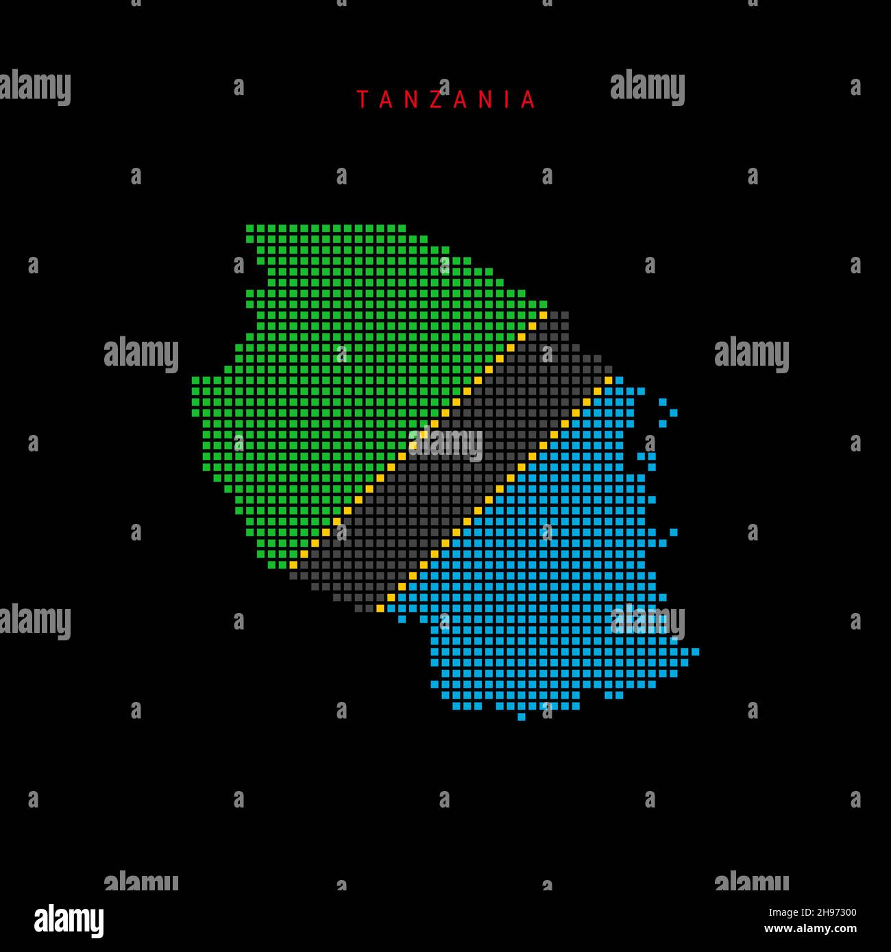 Square dots pattern map of Tanzania. Tanzanian dotted pixel map with national flag colors isolated on black background. Vector illustration. Stock Vector