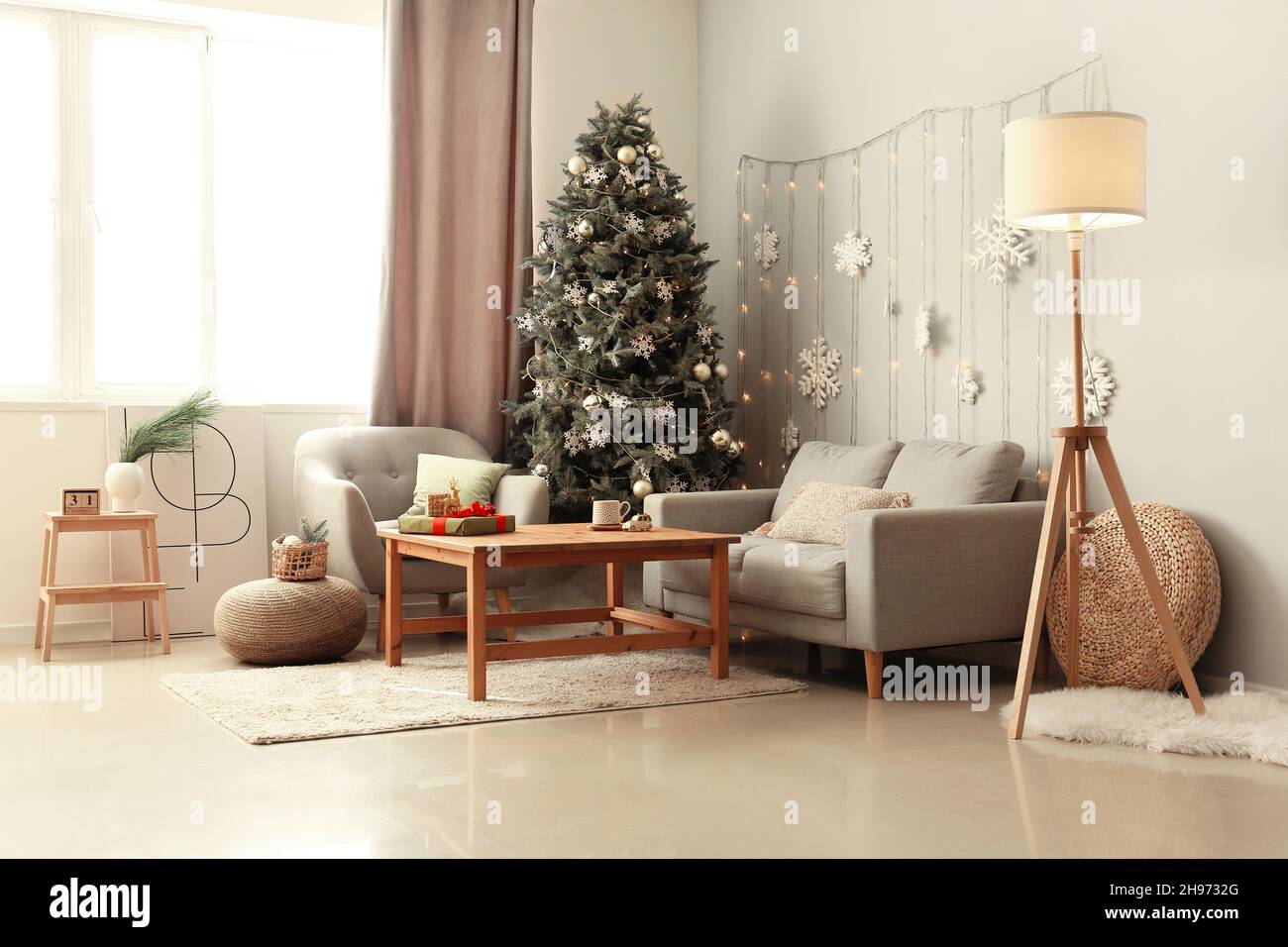 Interior of modern living room with beautiful Christmas tree Stock ...