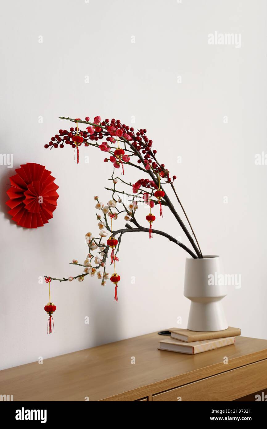 Table with beautiful decorations for Chinese New Year celebration in