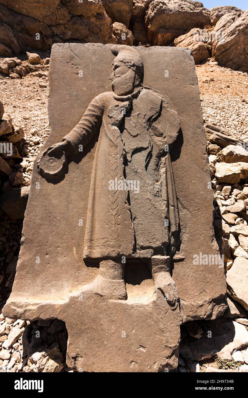 Mount Nemrut, Nemrut Dagi, stele with relief, west terrace, mausoleum of Commagene kingdom, Kahta, Adıyaman province, Turkey, Asia Stock Photo