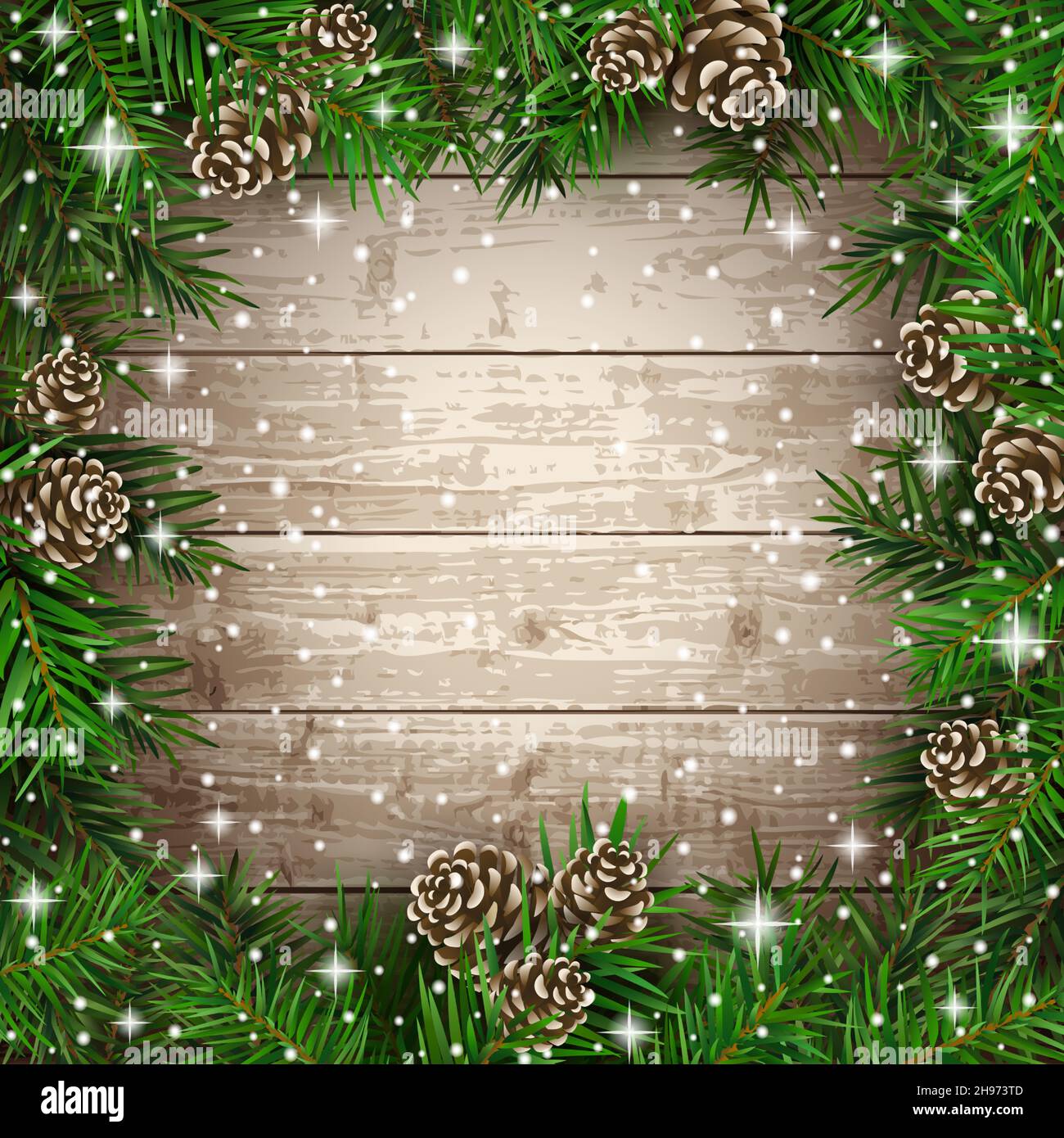 Fir tree branches with cones on wooden board background. Christmas ...