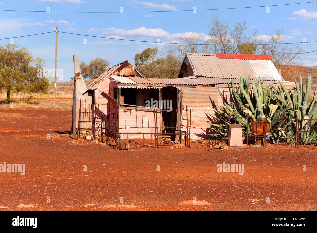 Corrugated iron houses of  the historical gold mining town Gwalia, Leonora Western Australia Stock Photo